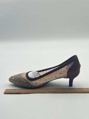 XYD Pewter Pointed Toe Slip On Rhinestone Pumps Mesh Kitten Heels Shoes